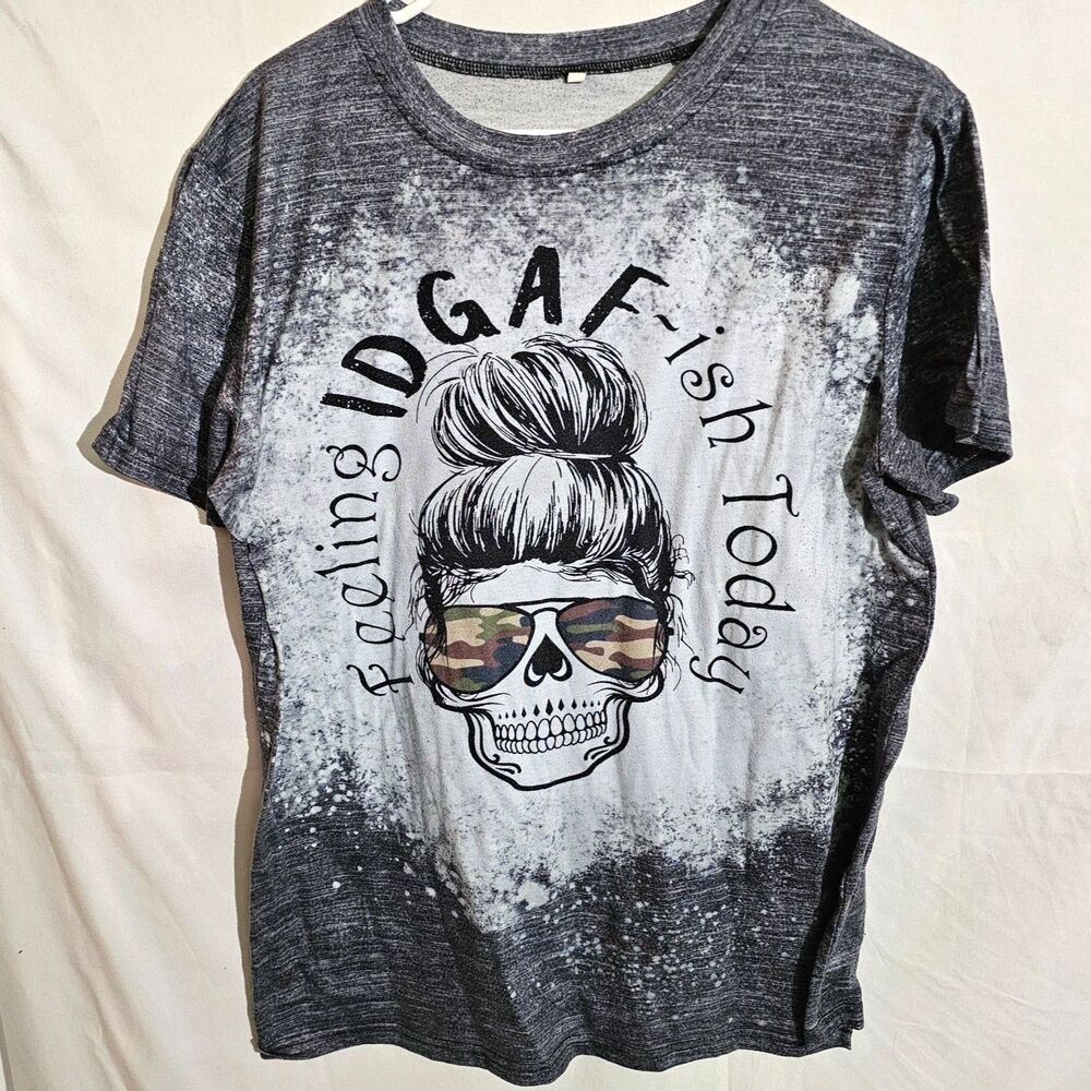 Feeling IDGAF-ish Today Bleached Graphic T Shirt Messy Bun Skull Heather Grey XL